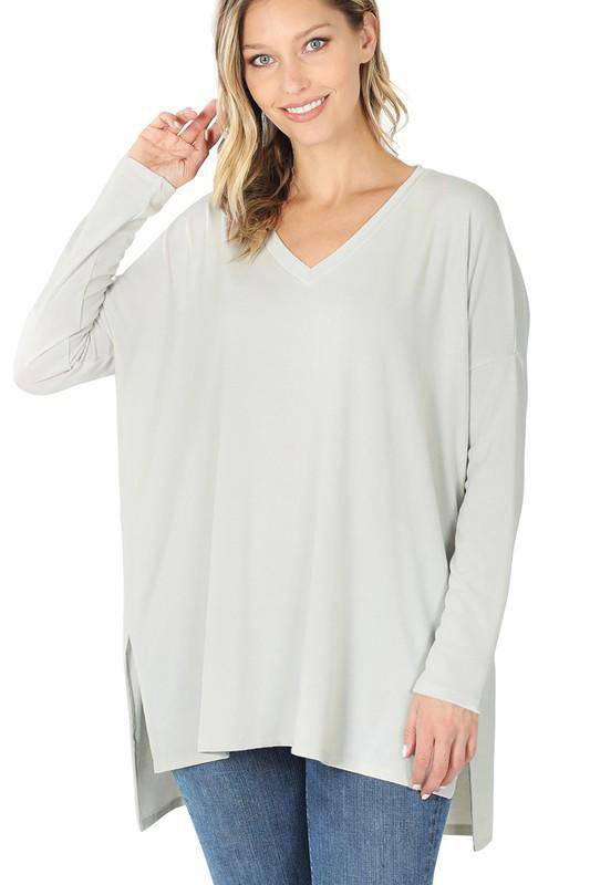 Zenana Solid Dolman Sleeve V Neck Top With Side Slits