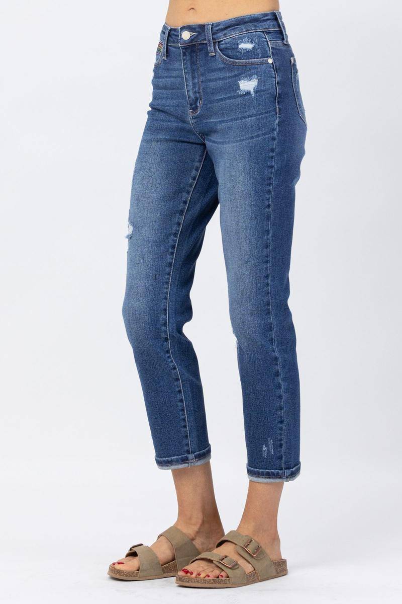 Judy Blue High Rise Rainbow Embroidery Cropped Straight Leg Jeans