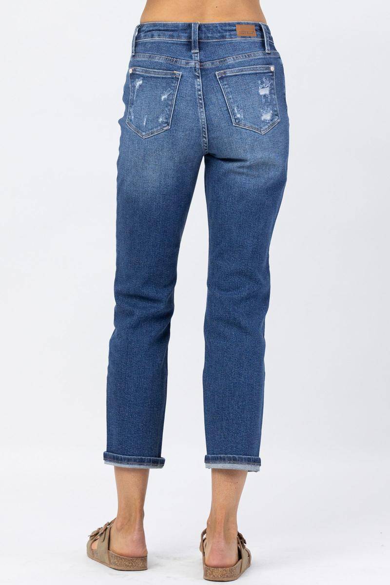 Judy Blue High Rise Rainbow Embroidery Cropped Straight Leg Jeans