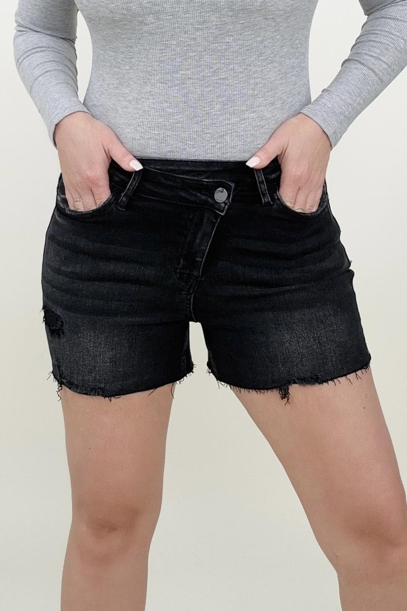 Bayeas Black High Rise Raw Hem Crossover Denim Shorts