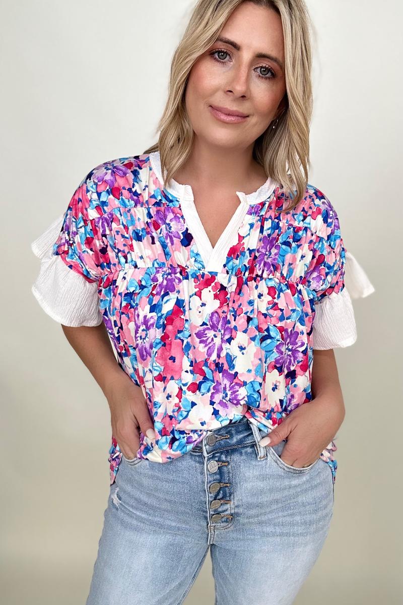 BiBi Floral Brushed Ruffle Sleeve Top