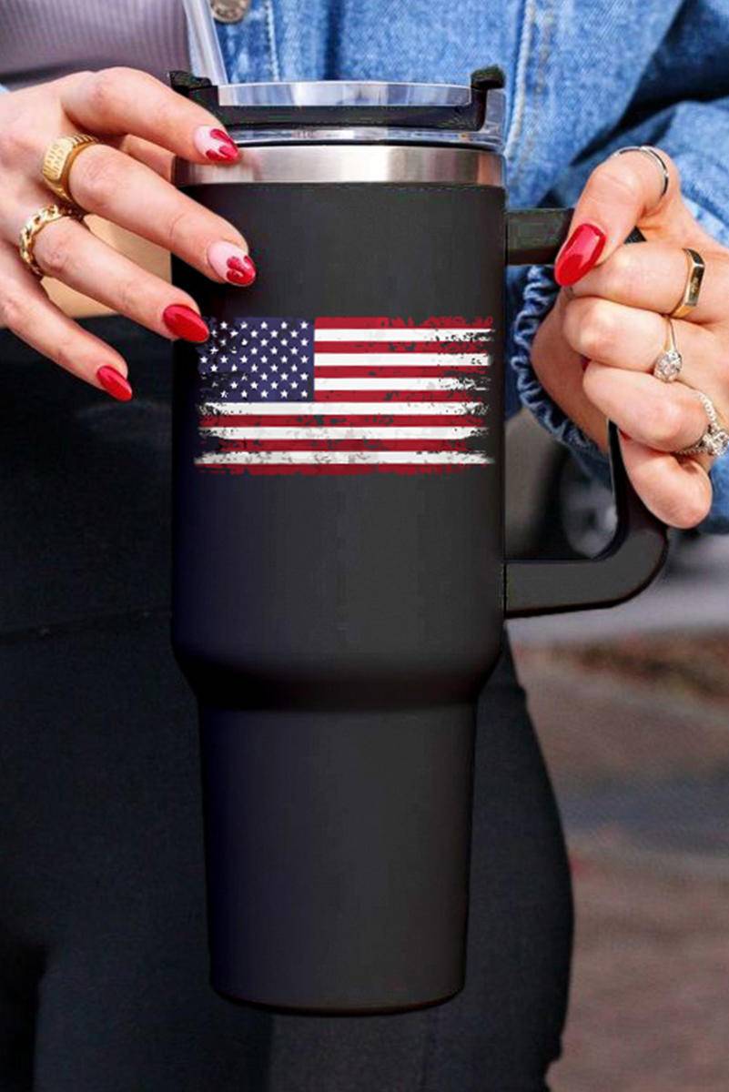 40Oz Black American Flag Print Straw Handle Insulate Tumbler