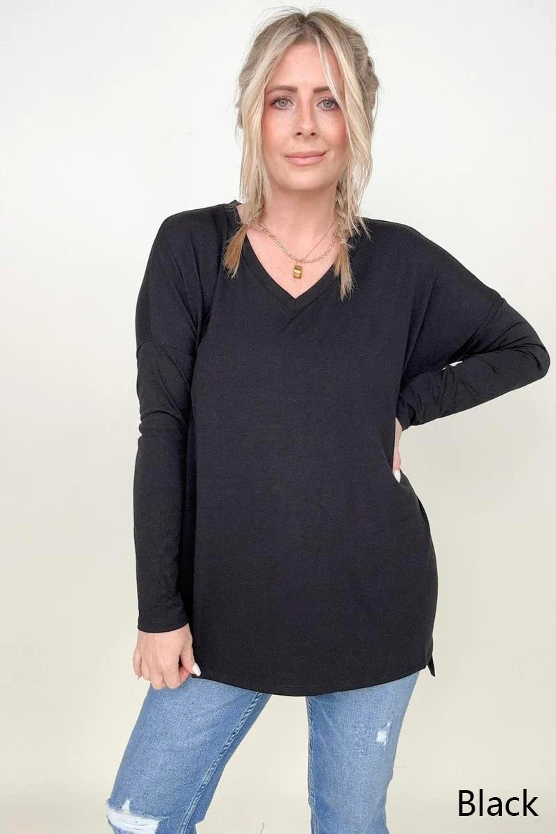 Zenana Solid Dolman Sleeve V Neck Top With Side Slits