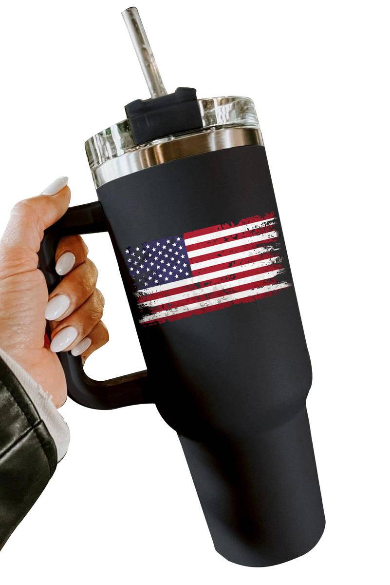 40Oz Black American Flag Print Straw Handle Insulate Tumbler