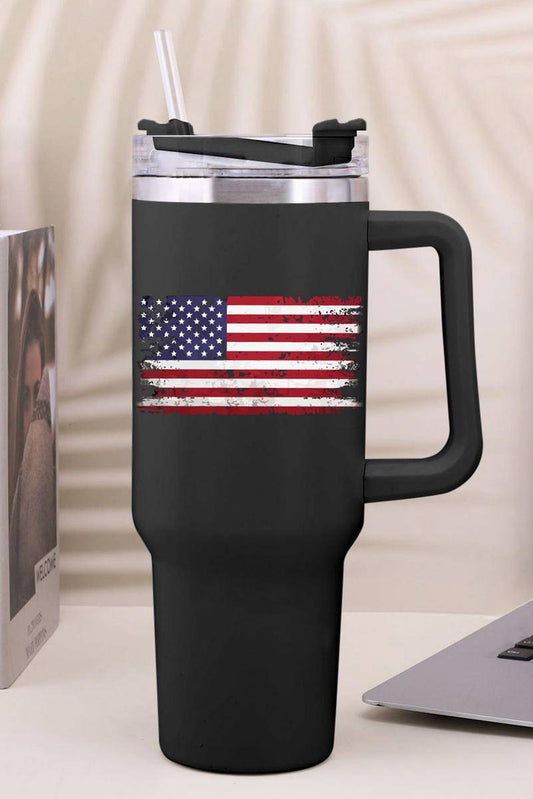 40Oz Black American Flag Print Straw Handle Insulate Tumbler