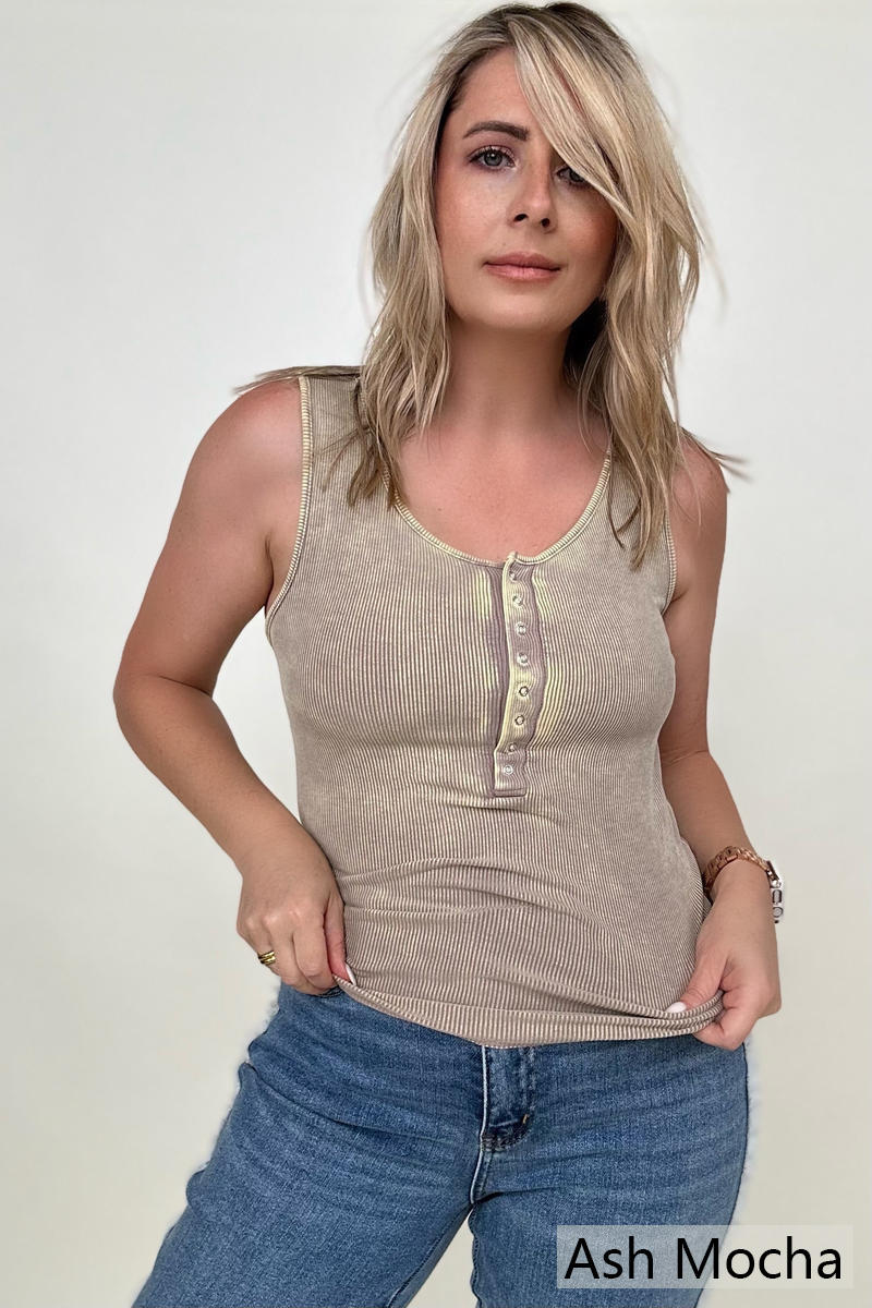 Zenana Ribbed Scoop Neck Henley Tank Top