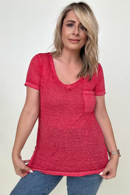 Zenana Washed Melange Burnout Scoop V-Neck Top