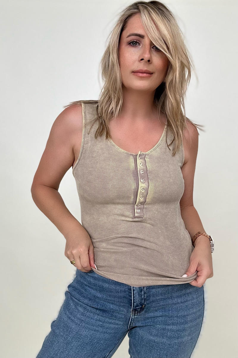 Zenana Ribbed Scoop Neck Henley Tank Top