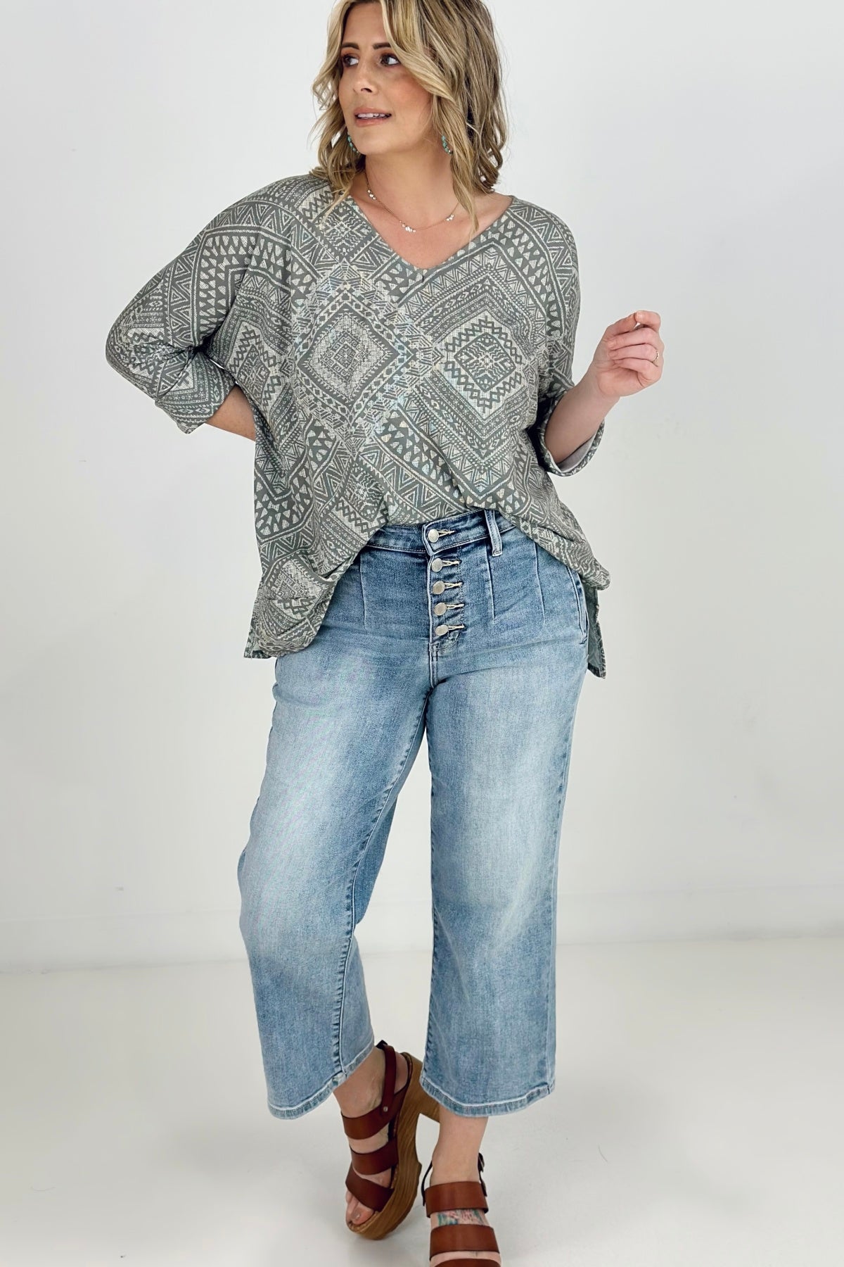 BiBi Aztec Print French Terry V Neck Top