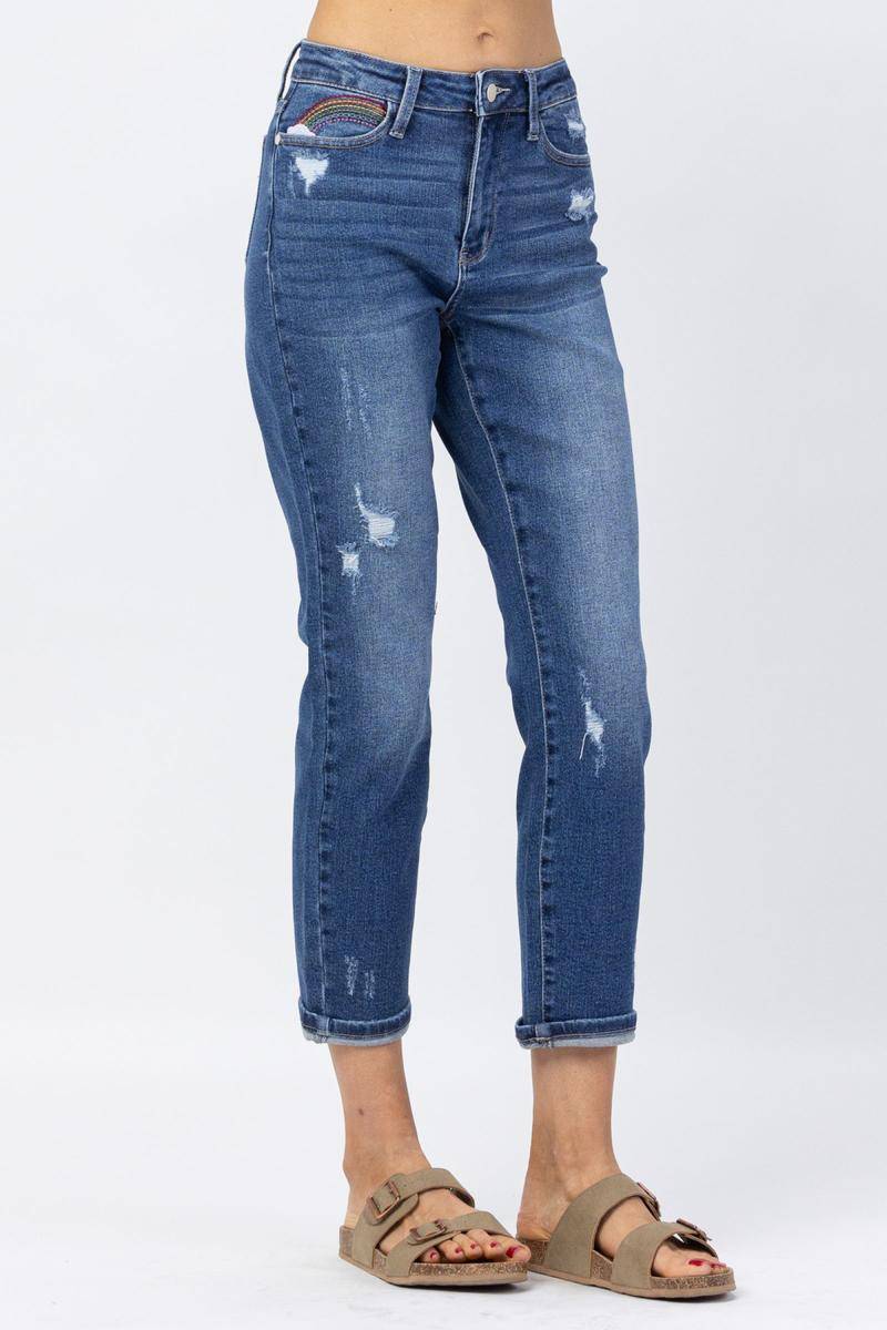 Judy Blue High Rise Rainbow Embroidery Cropped Straight Leg Jeans