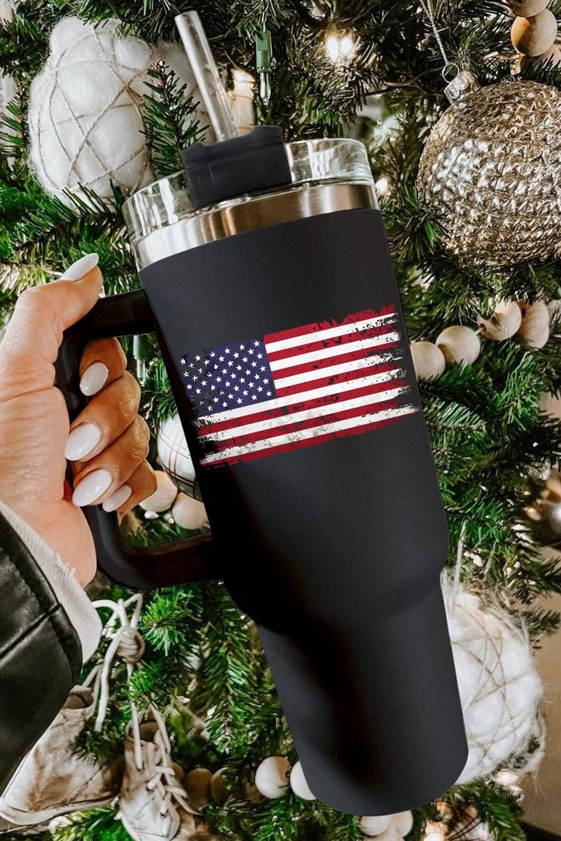 40Oz Black American Flag Print Straw Handle Insulate Tumbler