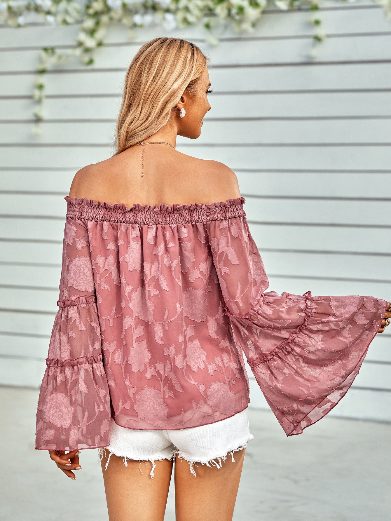 Applique Flounce Sleeve Off-Shoulder Blouse